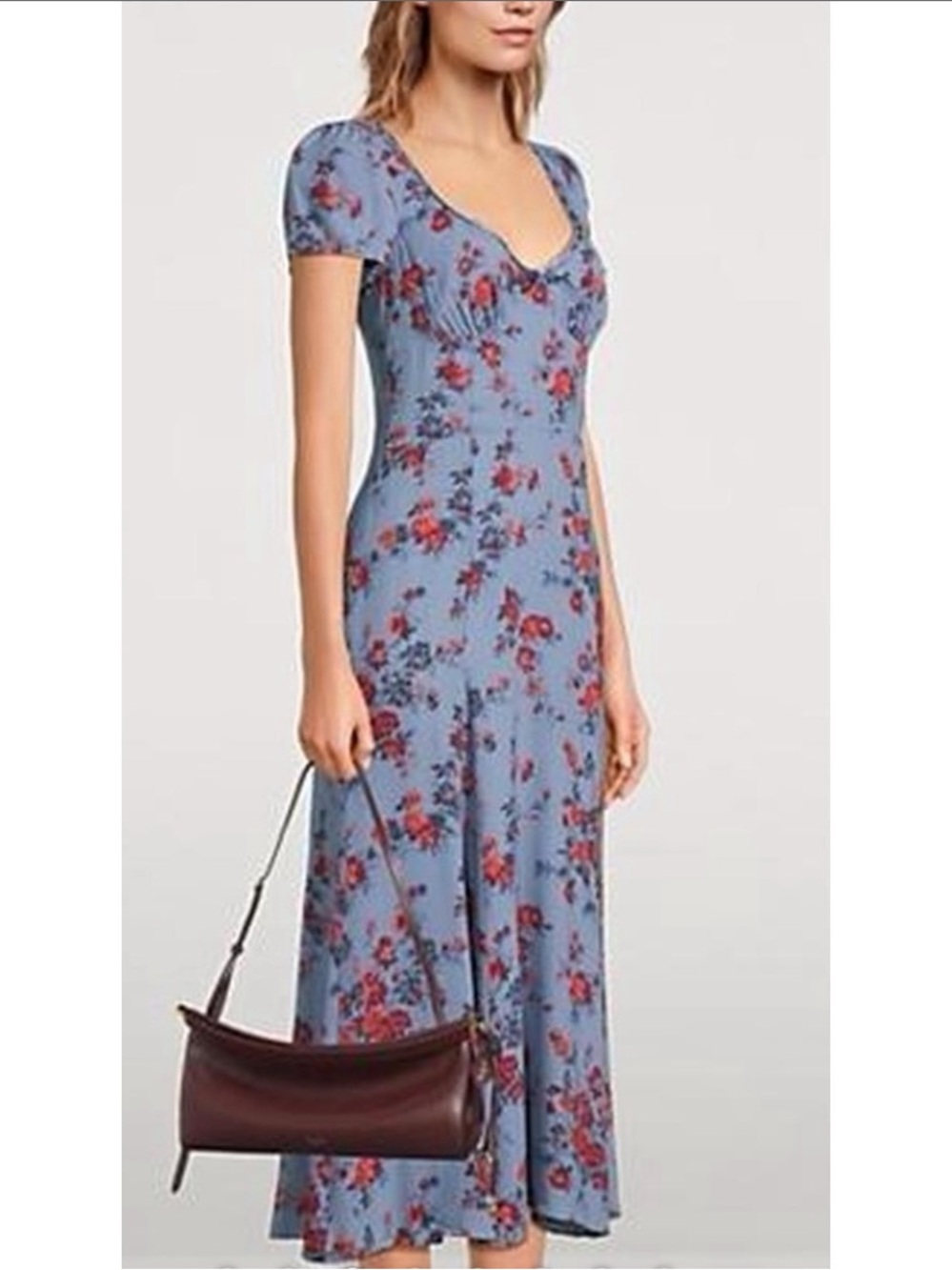 Reformation Baby Blue Dress with Red Flowers, Size 6